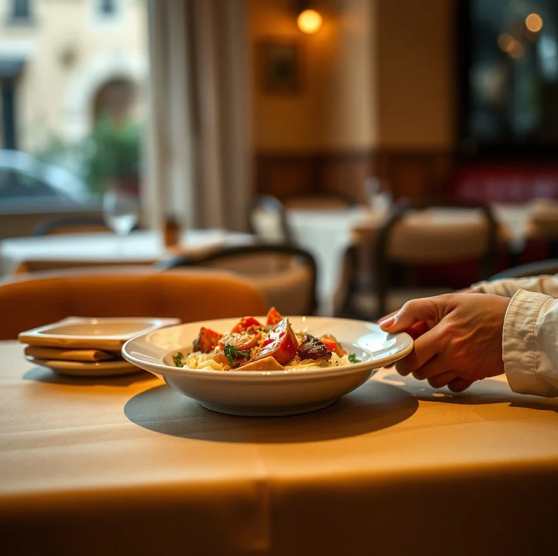 A plated seasonal dish being set down on a table in a warm, softly lit dining room