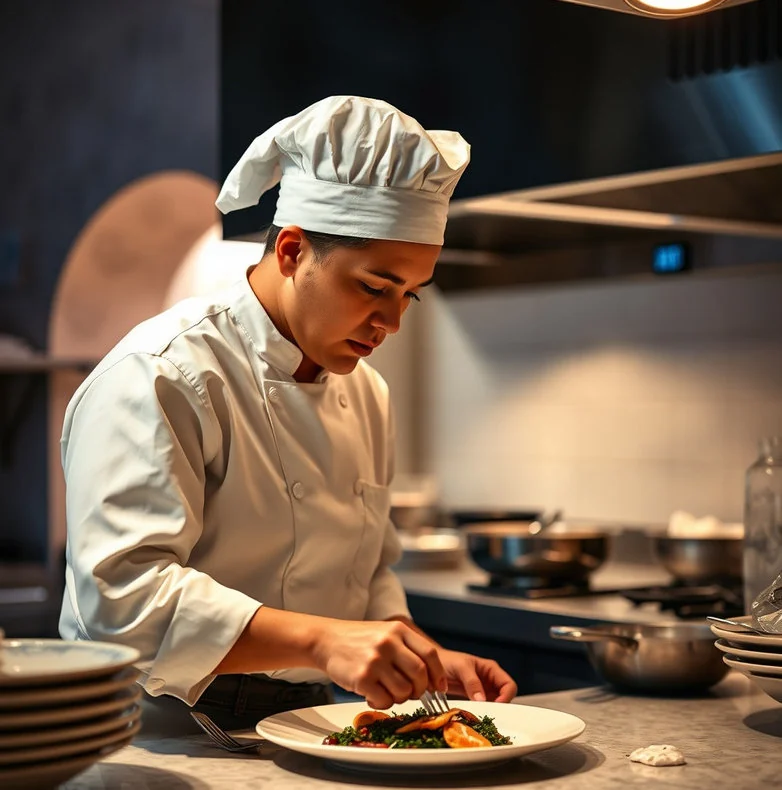 A chef in whites and a toque carefully plating a seasonal dish in the kitchen under warm light